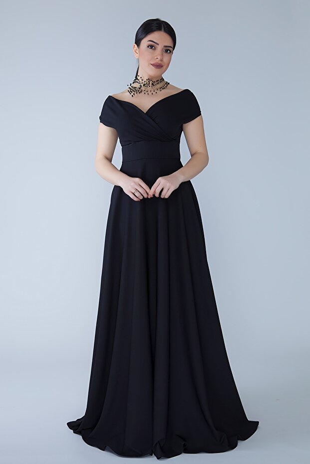 Black Boat Neck Double Breasted Woven Draped Fabric Maxi Length Evening Dress