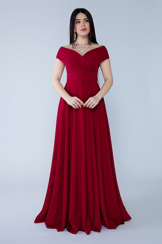 Burgundy Boat Neck Double Breasted Woven Draped Fabric Maxi Length Evening Dress
