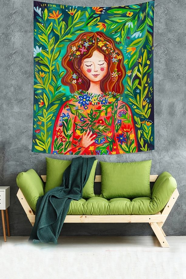 Çiçekler İçindeki Kız Relax Mistik Leke Tutmaz Kumaş Duvar Örtüsü Duvar Halısı Tapestry - 2