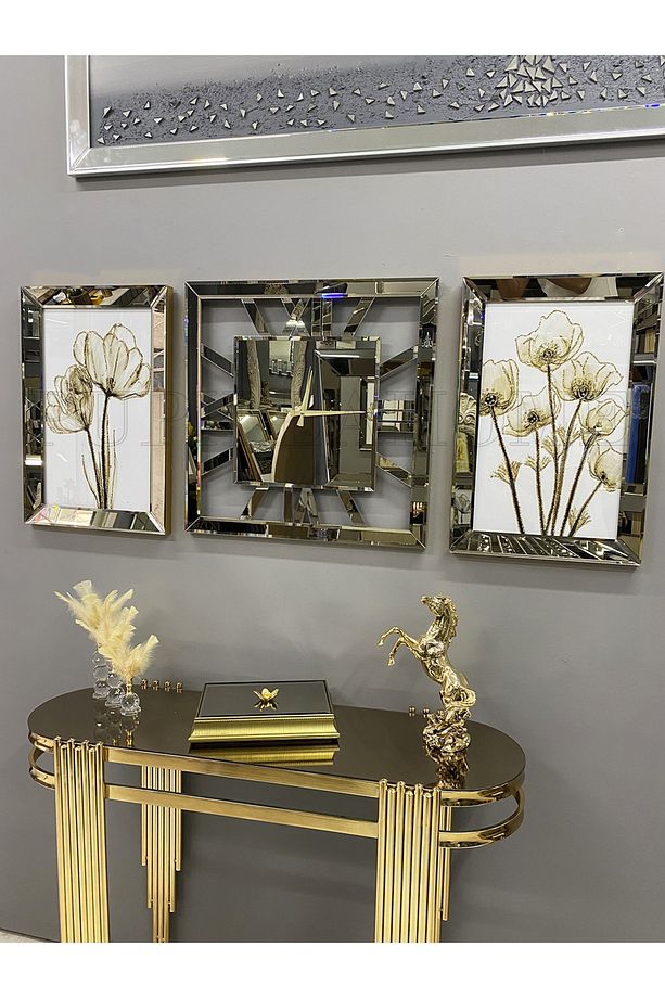 Gold Aynalı Gelincik Tablo ve Kare Saat Set - 2
