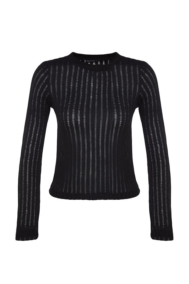 Siyah Transparan Triko Görünümlü Kumaş Regular Boy Bisiklet Yaka Örme Bluz TWOAW24BZ00094 - 10