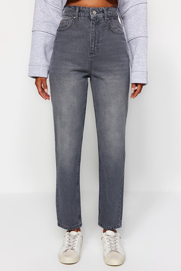 Gri Yüksek Bel Mom %100 Pamuk Non-Stretch Jeans TWOAW24JE00076 - 4