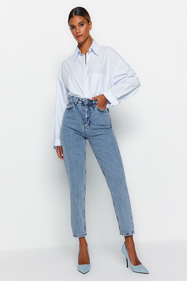 Indigo Yüksek Bel Mom %100 Pamuk Non-Stretch Jeans TWOSS23JE00067 - 2
