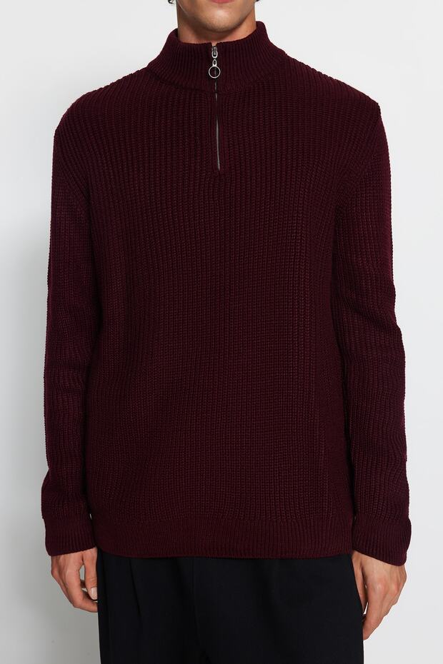 Czerwony sweterek w stylu casual regular fit z półgolfem i zapinanym na zamek kołnierzem Tmnaw22Kz1908 - 9