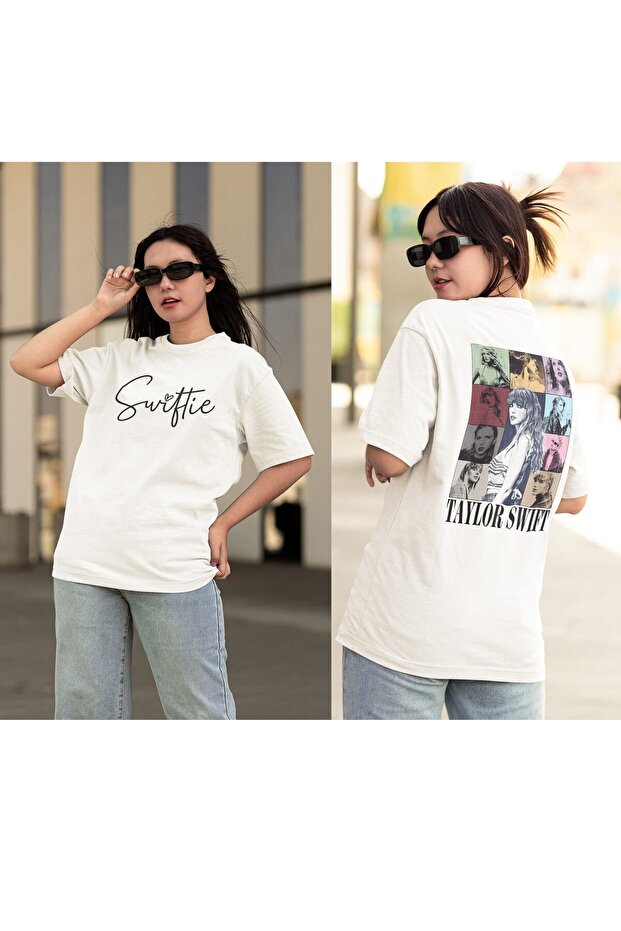 Oversize Taylor Swift Swiftie Album Cover Printed Front Back Printed T-Shirt, Unisex White T-Shirt