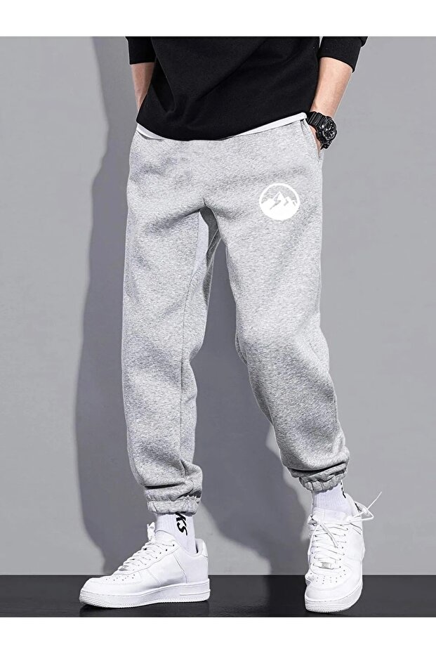 Plus Size Unisex Mountain Printed 3 thread Jogger Comfortable Cut Gray Sweatpants