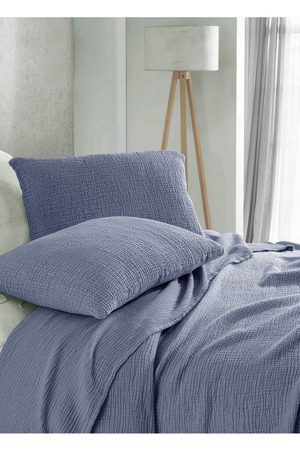 Koyu Mavi Tek Kişilik 160x240cm Yatak Örtüsü/1 Adet 50x70cm Yastık 4 Katlı Multi Muslin %100 Pamuk - 3