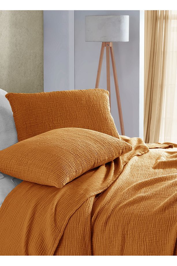 Camel Tek Kişilik 160x240cm Yatak Örtüsü/1 Adet 50x70cm Yastık 4 Katlı Multi Muslin %100 Pamuk - 3