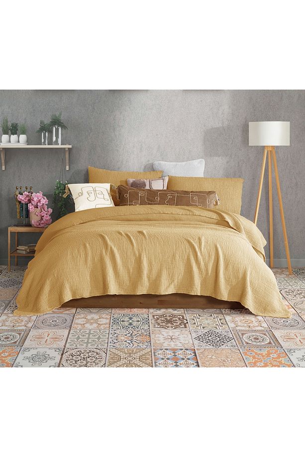 Karamel Tek Kişilik 160 X 240cm Yatak Örtüsü/1 Adet 50x70cm Yastık 4 Katlı Multi Muslin %100 Pamuk - 1