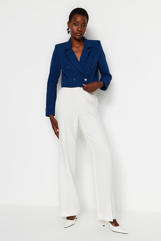 Navy Blue Crop Woven Blazer Jacket TWOAW24BC00023
