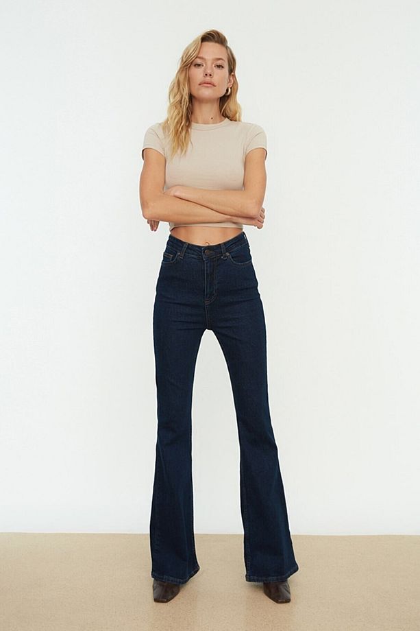 Koyu Mavi Ispanyol Paça Jeans Yüksek Bel Power Likra Kot Pantolon - 2