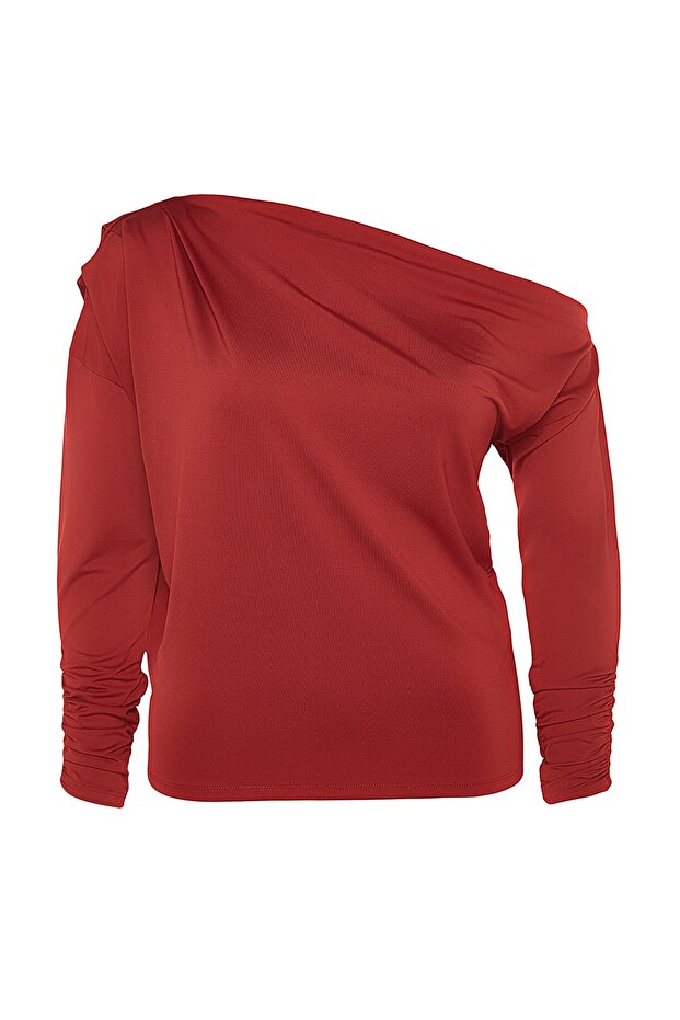Bordo Scuba Omuz Detaylı Esnek Örme Bluz TBBAW23AF00010 - 4