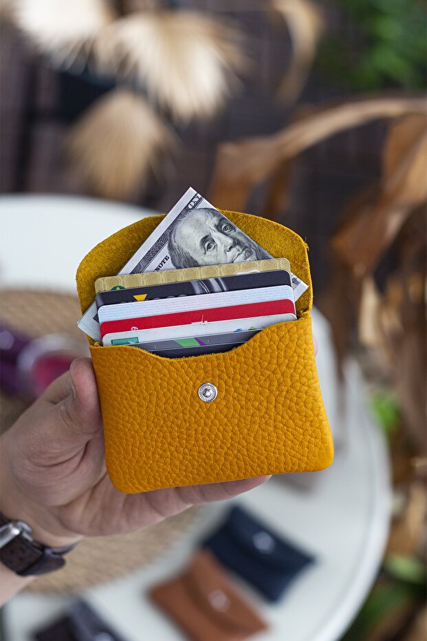 Murcia Genuine Leather Fine Design Mustard Yellow Coin and Card Holder