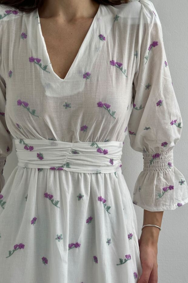 Mor Çiçek Nakışlı Gipeli Elbise - 2