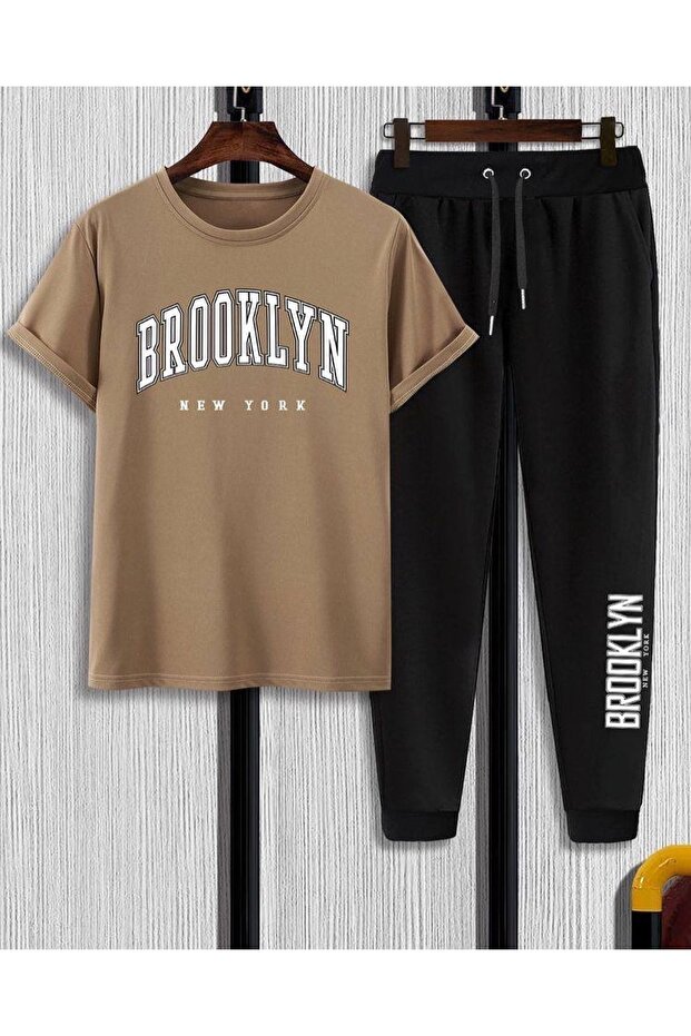 Kids Brooklyn White Printed Beige T-shirt Black Sweatpants Summer Children's Set