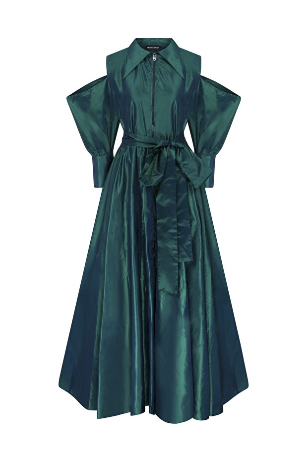 Off Shoulder & Front Zipper Petrol Taffeta Maxi Shirt Dress