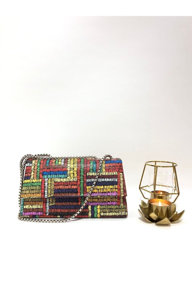 Mix Colored Leather Material Stone Magnetic Cover Evening Bag with Hand and Shoulder Strap