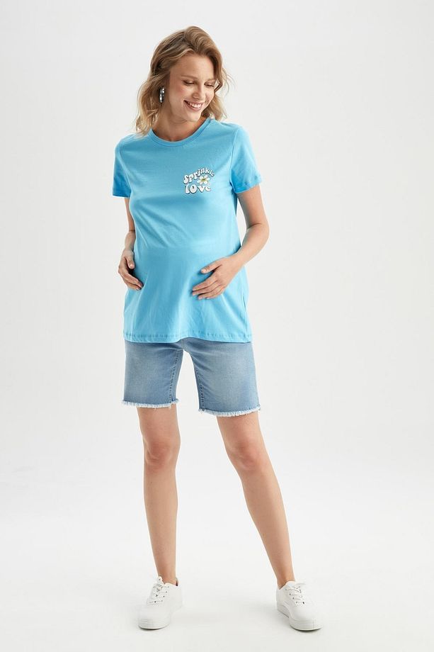 Regular Fit Slogan Baskılı Kısa Kollu Hamile %100 Pamuk Tişört - 6