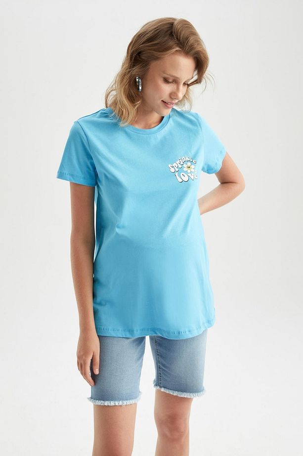 Regular Fit Slogan Baskılı Kısa Kollu Hamile %100 Pamuk Tişört - 7
