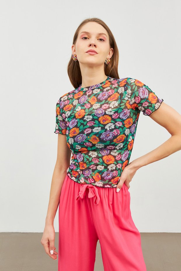 Women's Mixed Floral Patterned Short Sleeve Tulle Transparent Blouse
