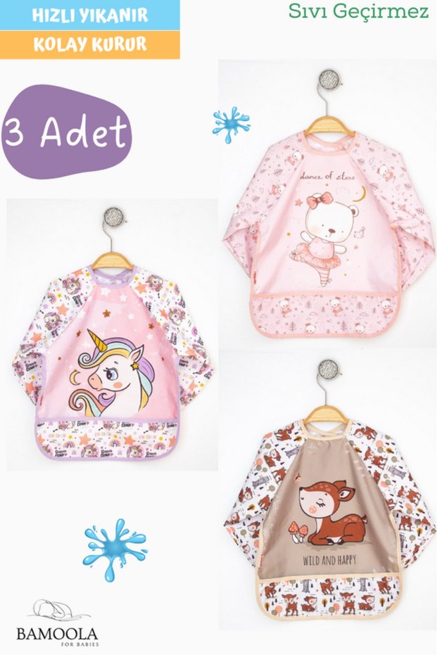 3 Pieces Liquid Proof Unicorn - Teddy Bear - Roe Deer Patterned Long Sleeve Baby Food Bib