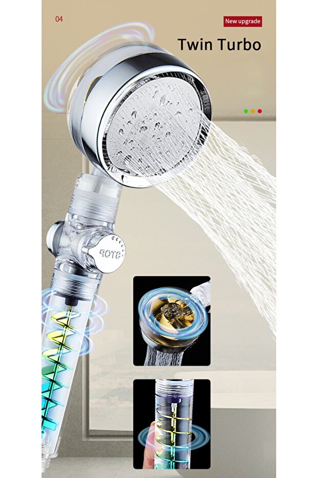 Turbo Pervaneli Su Tasarruflu Basınçlı Start Stoplu Duş Başlığı - 1