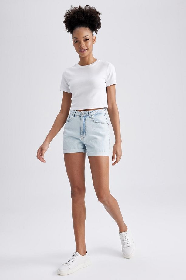 Mom Fit Yüksek Bel Katlamalı Paça Jean %100 Pamuk Şort A2624ax23sm - 3