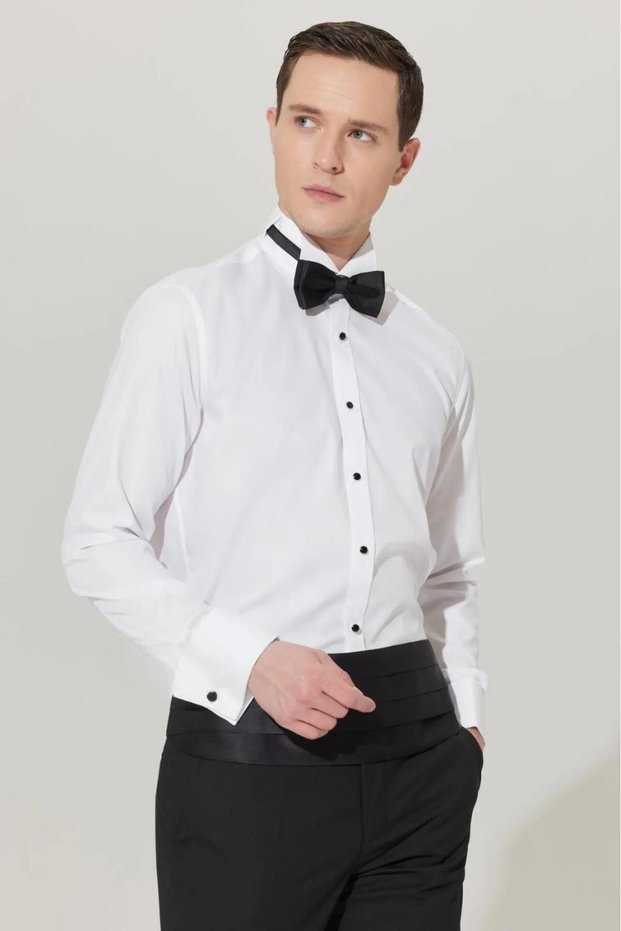 Ata Collar Black Button Slim Fit White Shirt