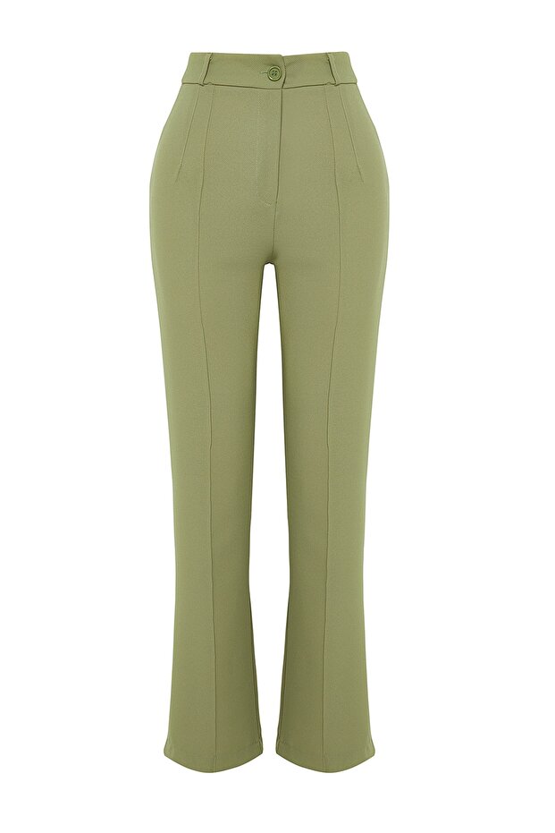 Yeşil Straight/Düz Kesim Yüksek Bel Nervür Dikişli Dokuma Pantolon TWOSS21PL0093 - 9
