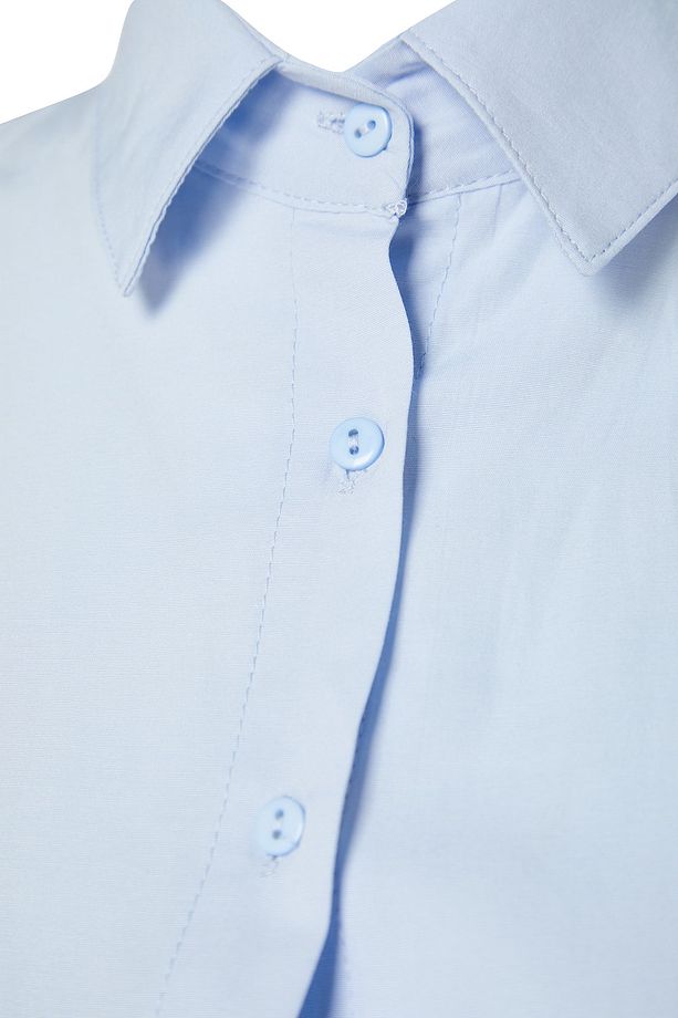 Açık Mavi Pamuklu Oversize Geniş Kalıp Dokuma Gömlek TWOSS22GO0669 - 7