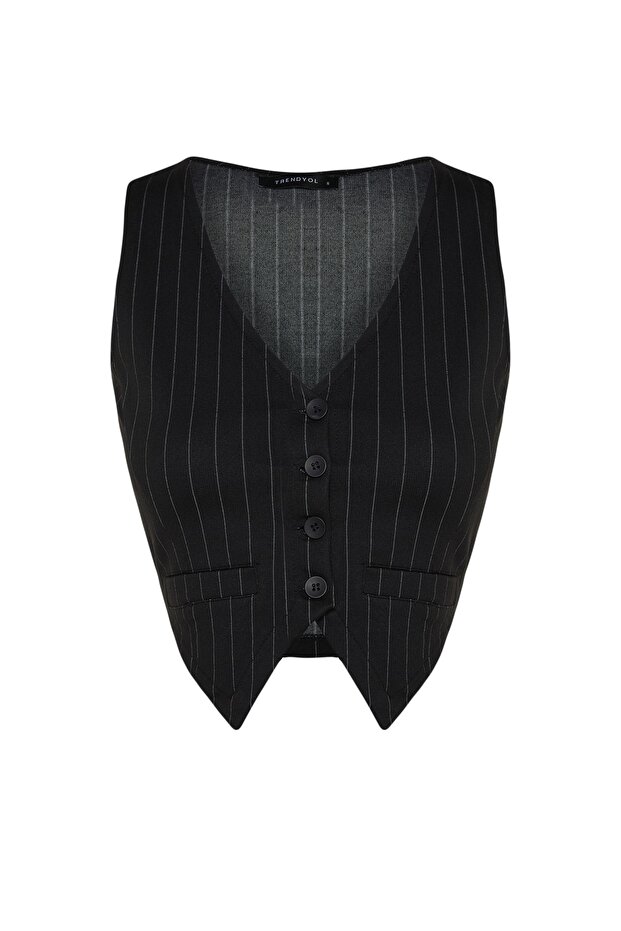 Siyah Regular Düğme Detaylı Çizgili Crop Yelek TWOSS23YE00037 - 6