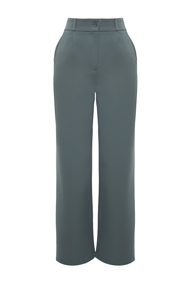 Indigo Yüksek Bel Wide Leg/Geniş Paça Pilili Dokuma Kumaş Pantolon TWOAW21PL0076 - 7