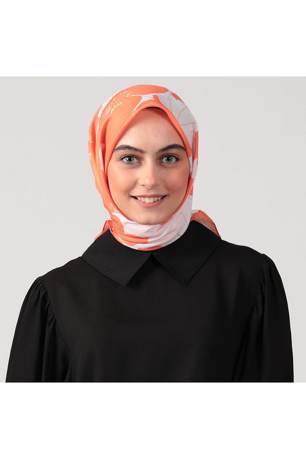 Pamuk İpek Eşarp - Manolya Desen - Ekru Oranj - 2