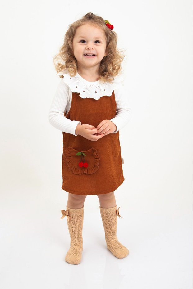 Baby Girl Kid Gilet Dress Cherry Pocket Detailed Long Sleeve Lace Collar Badi Body 100% Cotton 2 Pcs