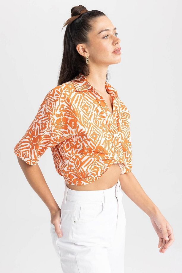 Regular Fit V Yaka Desenli Kısa Kollu Crop %100 Pamuk Gömlek A6860ax23sm - 7