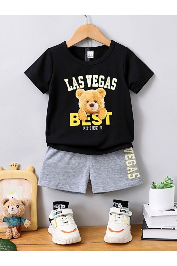 Kids LasVegas Teddy Bear Printed Shorts-T-Shirt Set