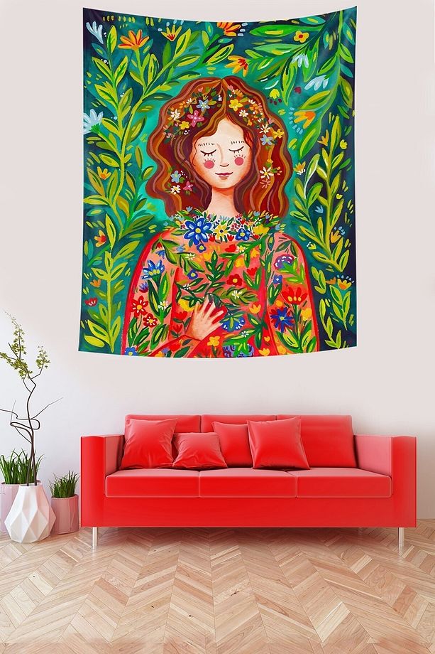 Çiçekler İçindeki Kız Relax Mistik Leke Tutmaz Kumaş Duvar Örtüsü Duvar Halısı Tapestry - 3
