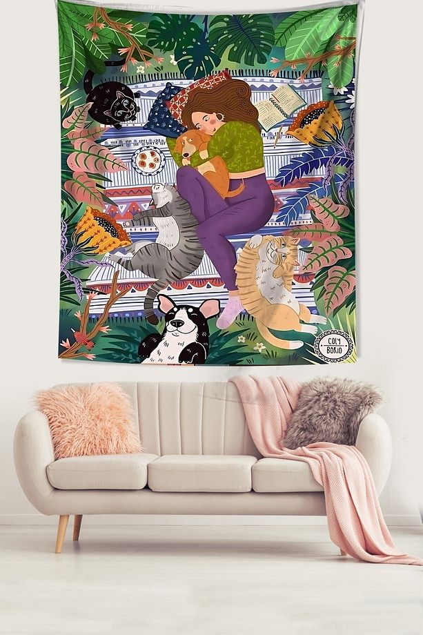 Mutlu Hayvansever Kız Temalı Leke Tutmaz Kumaş Duvar Örtüsü Duvar Halısı Tapestry - 3