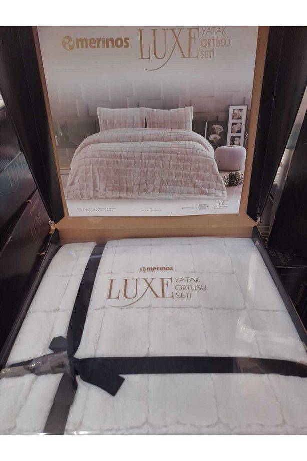 Luxe Çift Kişilik Yatak Örtüsü Seti - Bej Kareli Model - 2