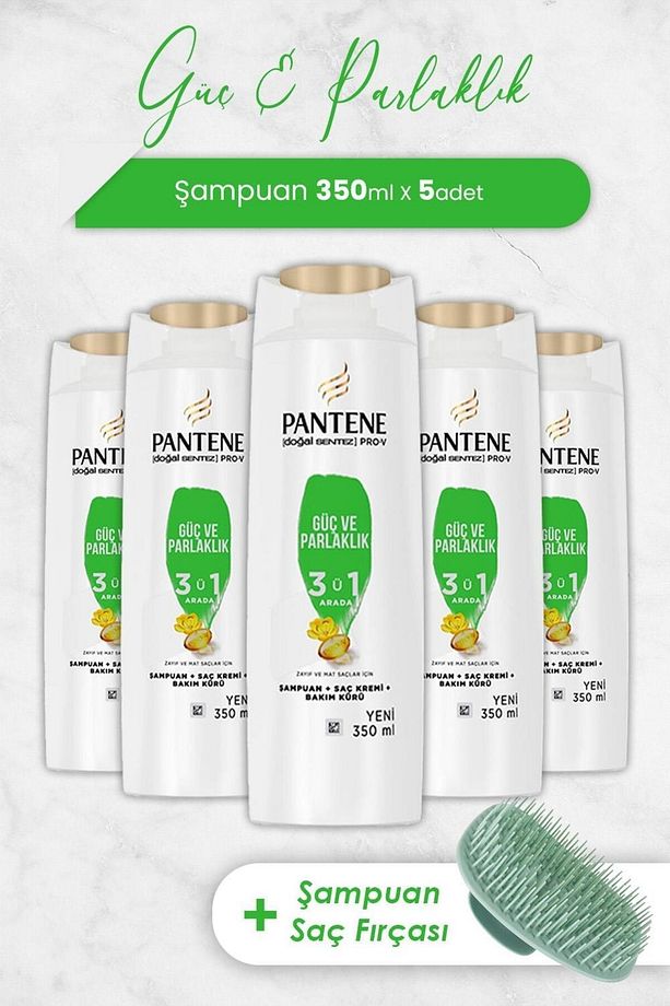 Şampuan Pro-V Doğal Sentez Güç ve Parlaklık 3'ü 1 Arada 350 ml x 5 Adet ve Şampuan Fırçası - 1