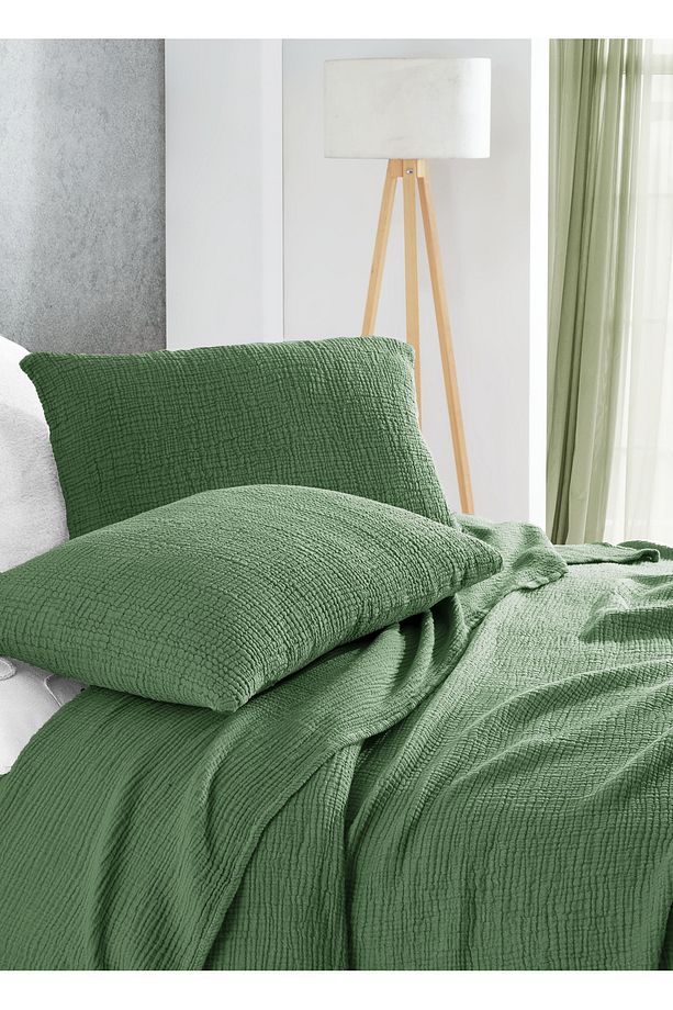 Orman Yeşili Xl Tek Kişilik Saçaksız 180 X 240 Yatak Örtüsü/1 Adet 50x70 Yastık 4 Katlı %100 Pamuk - 3