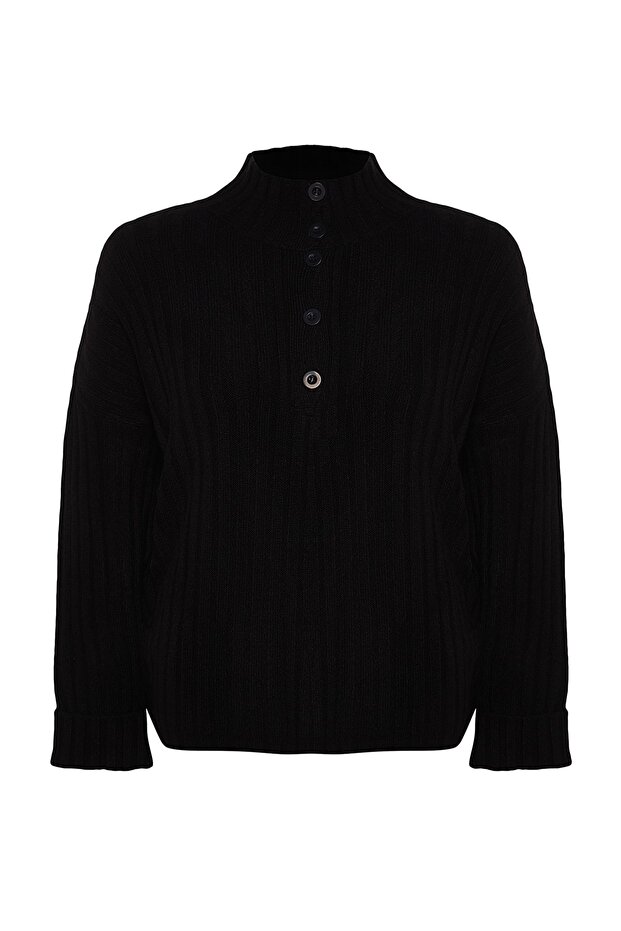 Sweter z dzianiny sznurkowej - czarny, zapinany na guziki TBBAW24AN00045 - 6