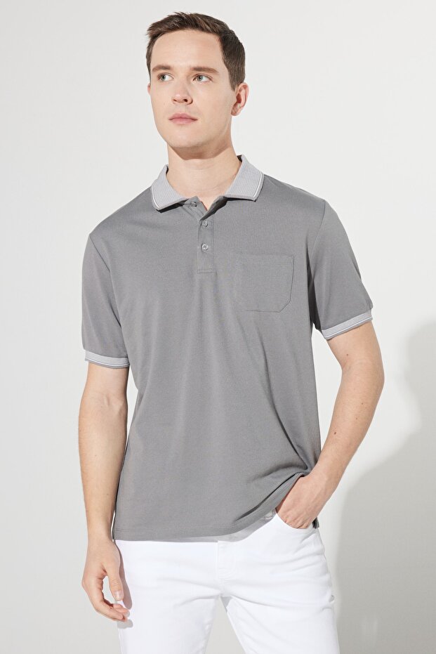 Men's Non-Shrinking Cotton Fabric Comfort Fit Relaxed Cut Gray-Grey Polo Neck Pocket T-Shirt