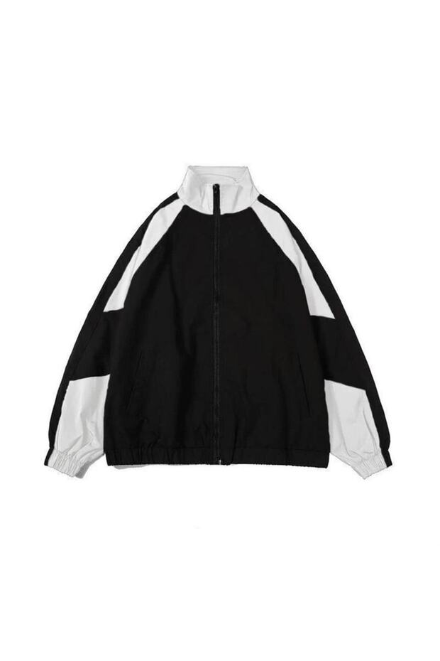 Blush Brown Vintage Baggy Parachute Fabric College Jacket Black Tracksuit