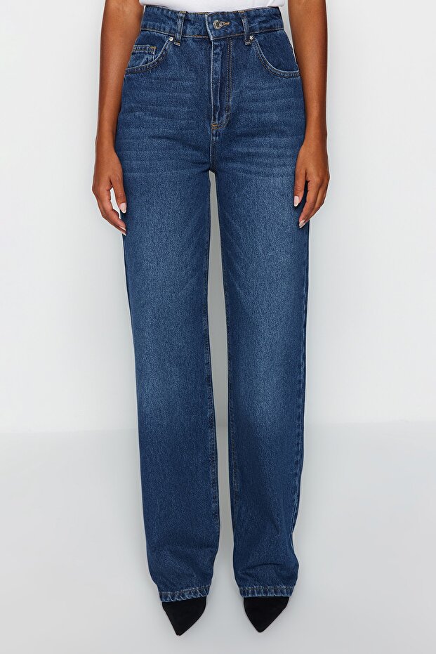 Koyu Mavi Yüksek Bel Geniş Paça Wide Leg Geniş Paça %100 Pamuk Non-Stretch Jeans TWOAW24JE00074 - 4