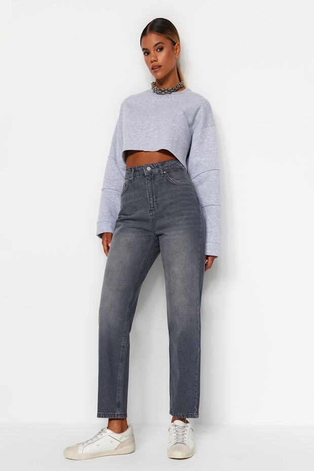 Gri Yüksek Bel Mom %100 Pamuk Non-Stretch Jeans TWOAW24JE00076 - 2