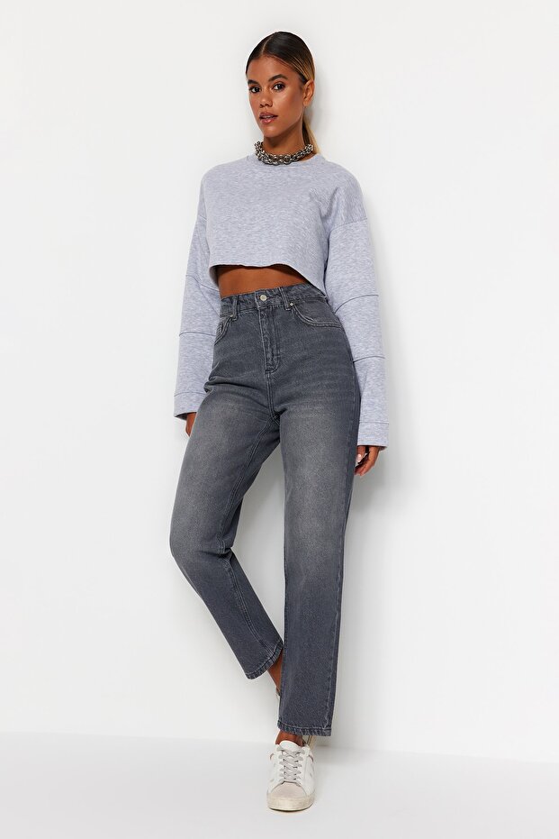 Gri Yüksek Bel Mom %100 Pamuk Non-Stretch Jeans TWOAW24JE00076 - 3