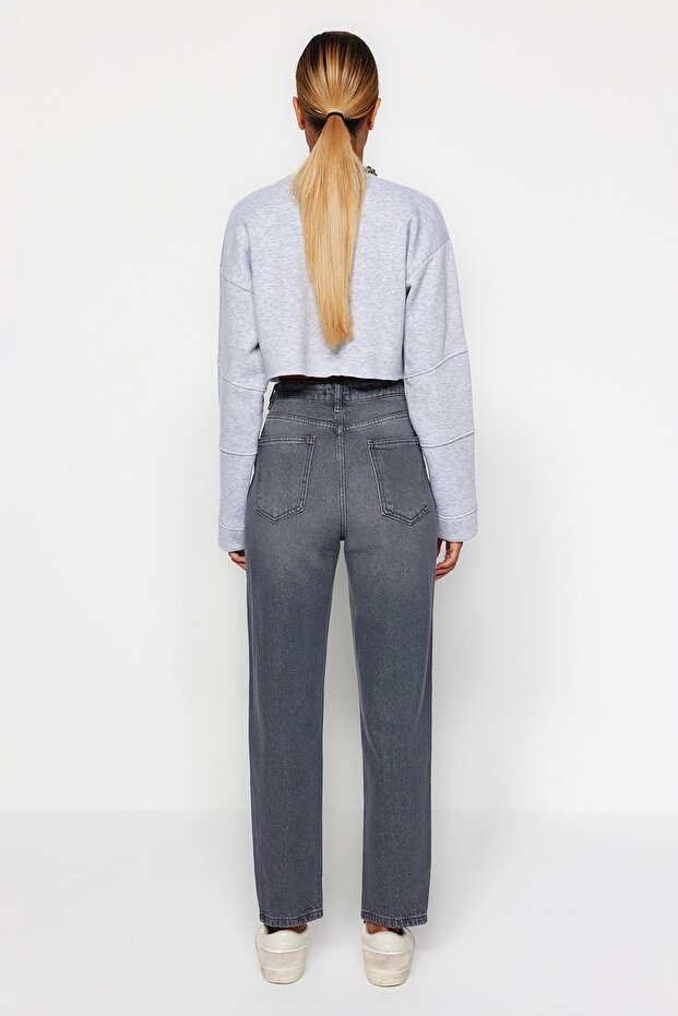 Gri Yüksek Bel Mom %100 Pamuk Non-Stretch Jeans TWOAW24JE00076 - 6