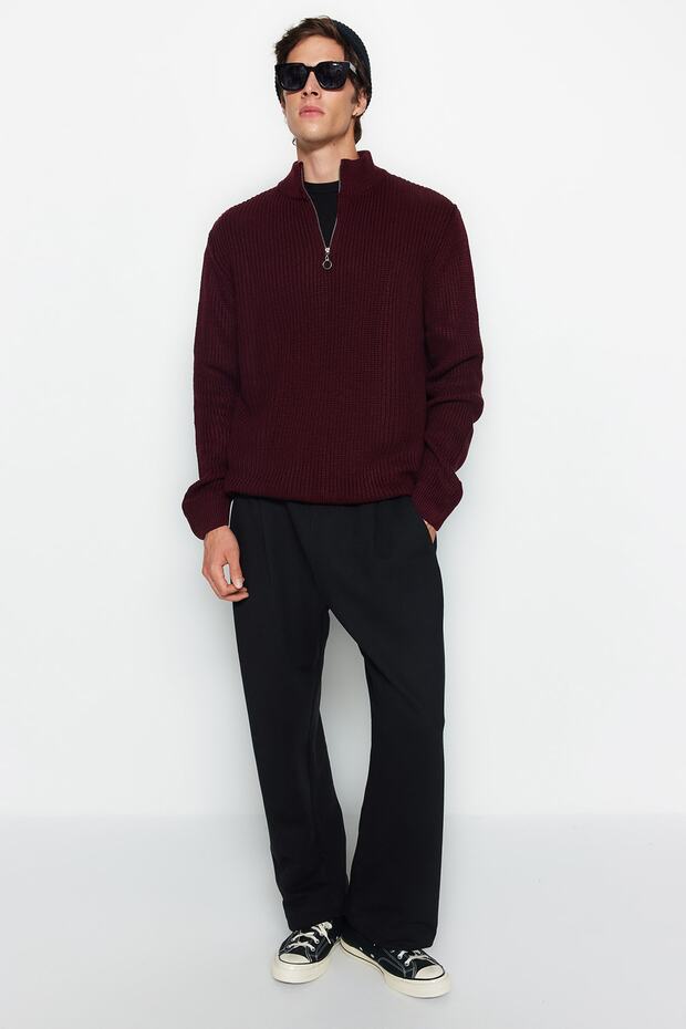 Czerwony sweterek w stylu casual regular fit z półgolfem i zapinanym na zamek kołnierzem Tmnaw22Kz1908 - 3