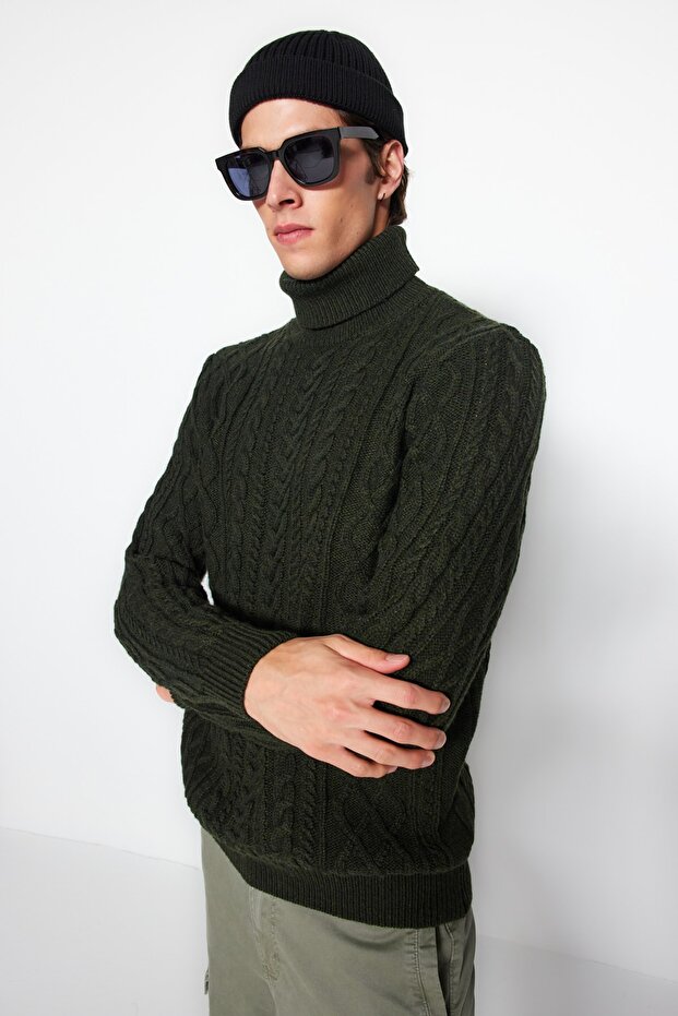 Haki Slim Fit Yünlü Balıkçı Yaka Saç Örgü Triko Kazak TMNAW22KZ0302 - 2